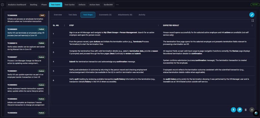 AI-generated tests. Structured execution. Complete defect traceability.